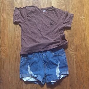 Brown Graphic Tee and Blue Distressed Denim Shorts